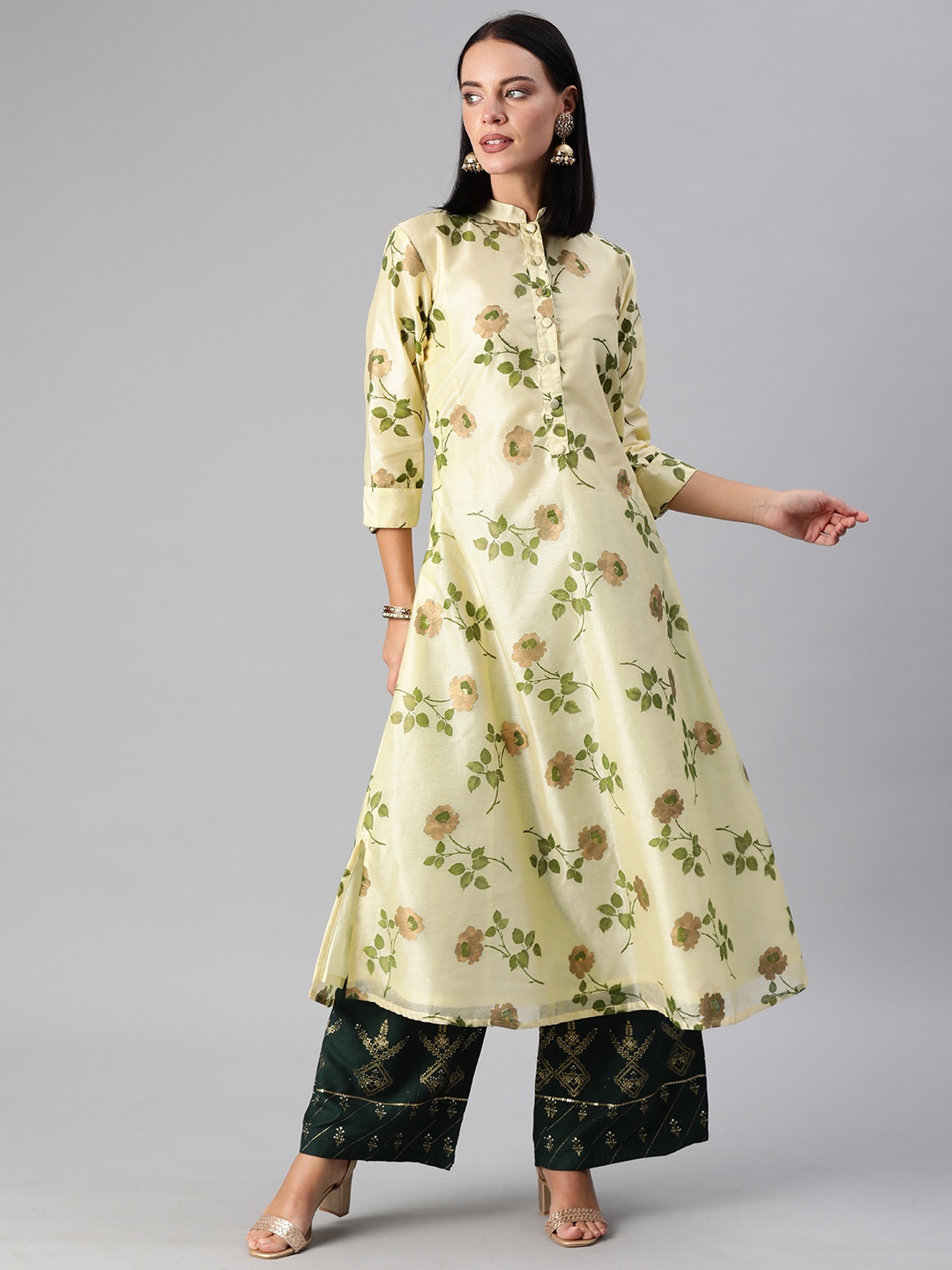 

Ethnovog Women Yellow Printed A-Line Kurta