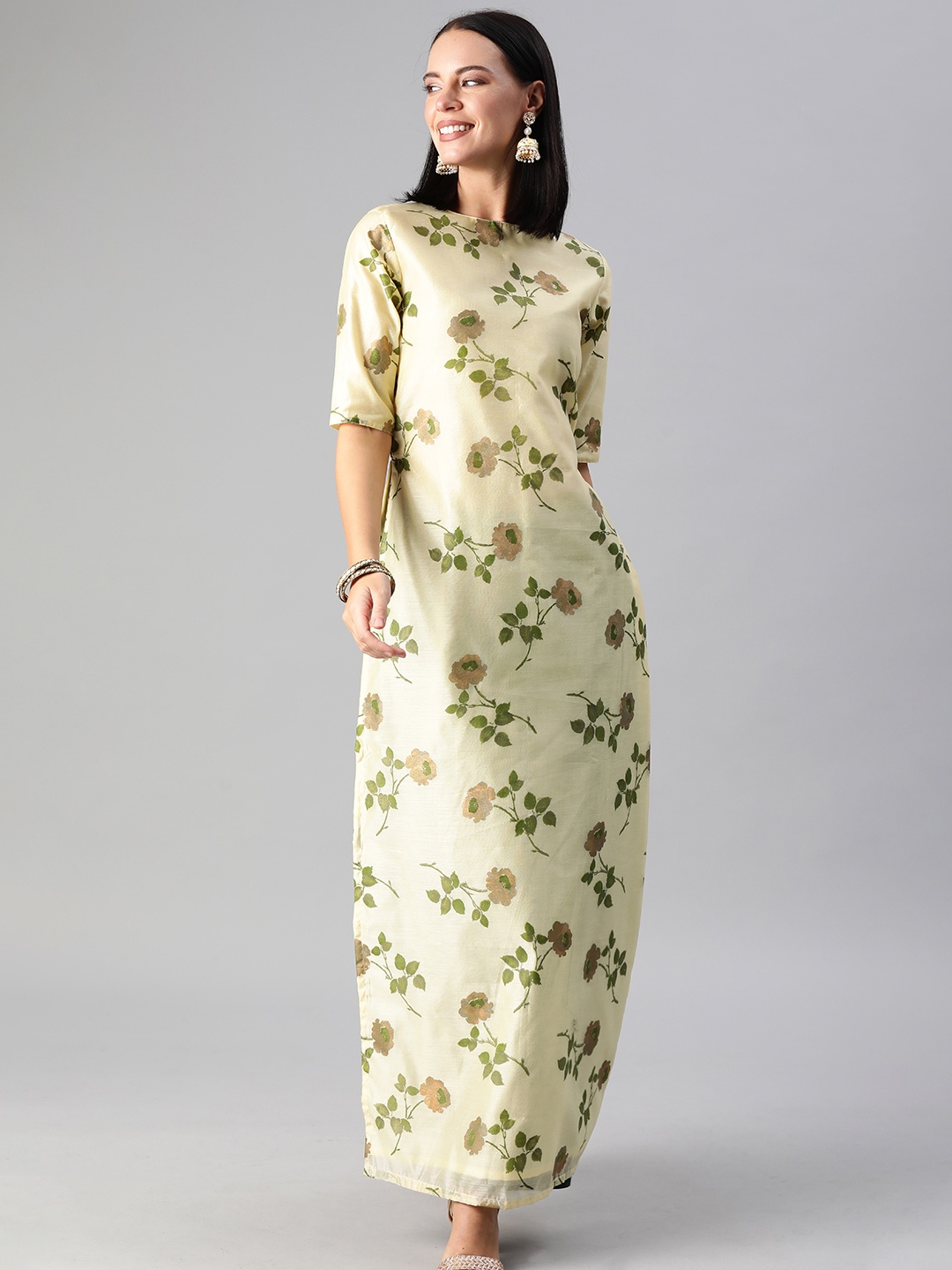 

Ethnovog Women Yellow Floral Printed Straight Kurta