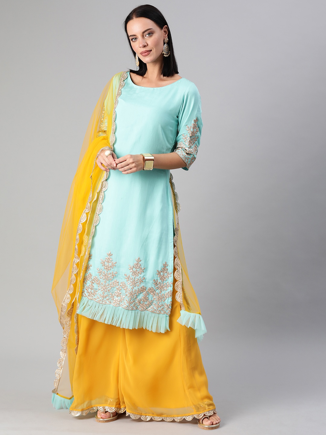 

Ethnovog Women Blue Yellow Embroidered Kurta with Palazzos Dupatta