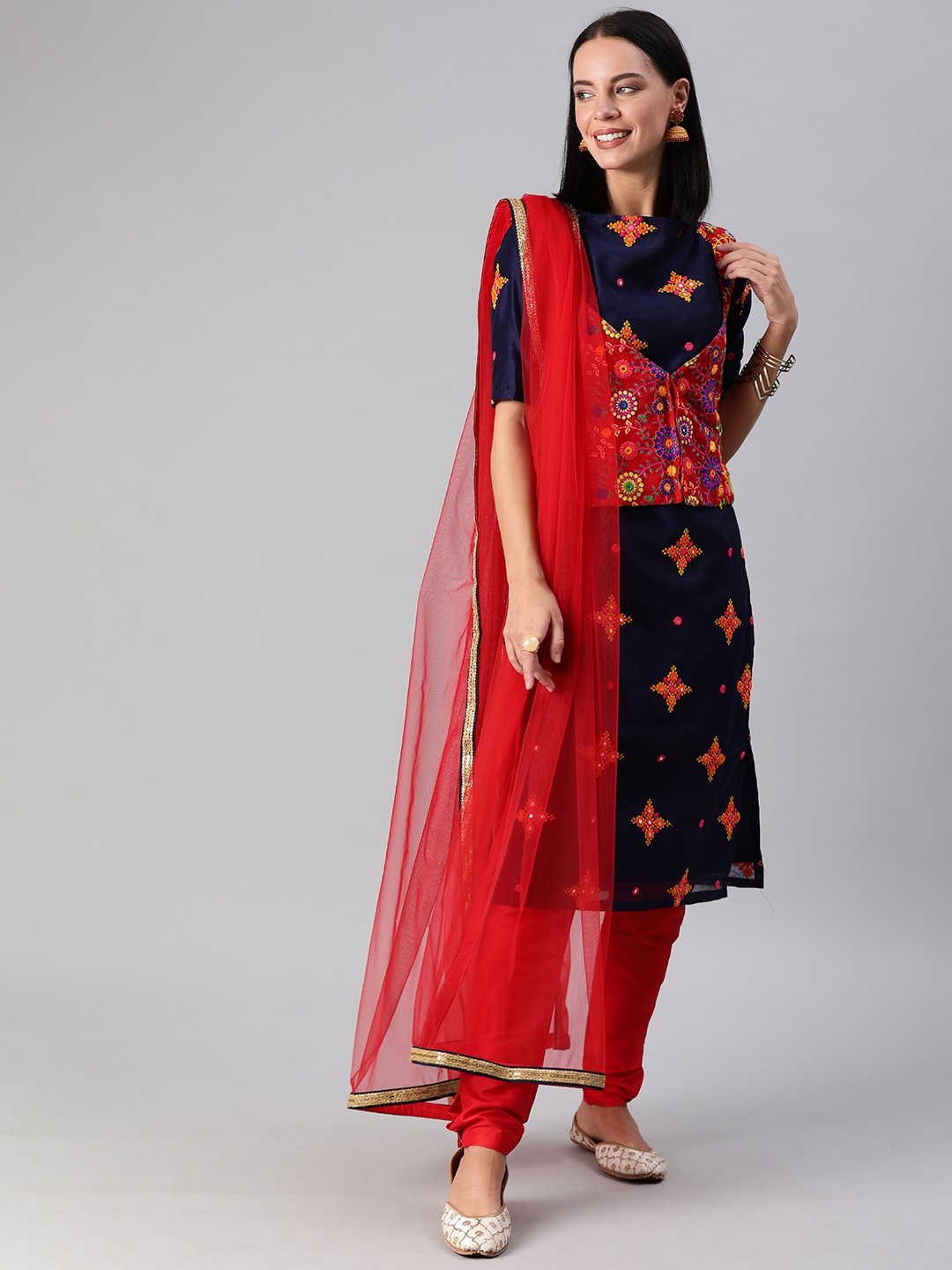 

Ethnovog Women Blue Red Embroidered Made To Measure Kurta Set