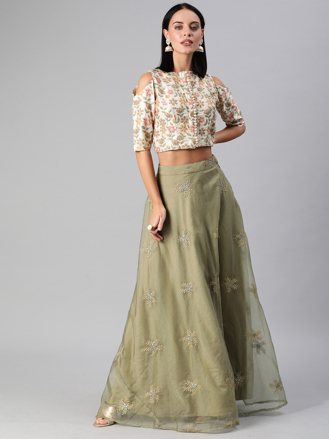 

Ethnovog Cream-Coloured Olive Green Made to Measure Lehenga with Blouse