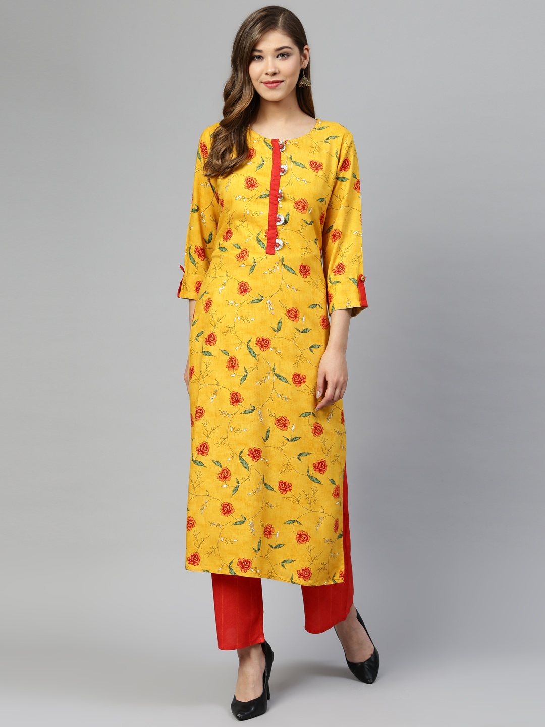 

Silai Bunai Women Mustard Yellow & Red Printed Kurta with Palazzos