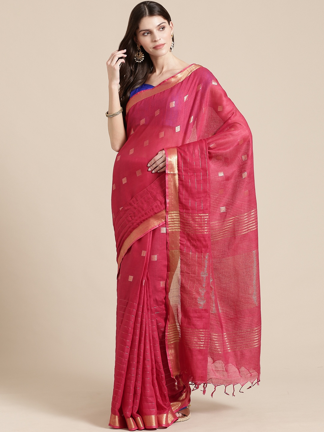 

swatika Pink & Golden Woven Design Handloom Bhagalpuri Saree
