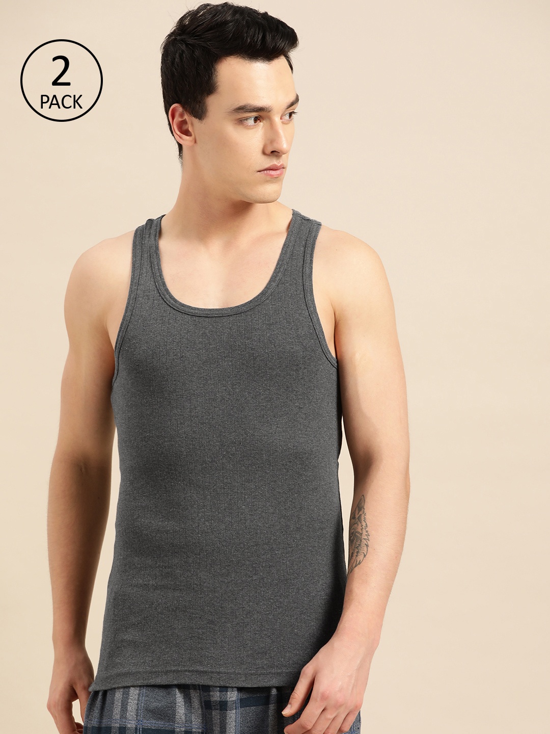 

Jockey Men Pack of 2 Ribbed Innerwear Vests, Charcoal