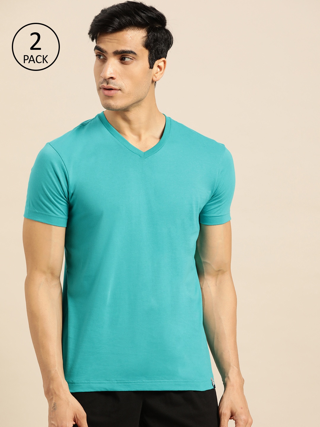 

Jockey Men Pack of 2 Turquoise Blue Solid V-Neck T-shirts