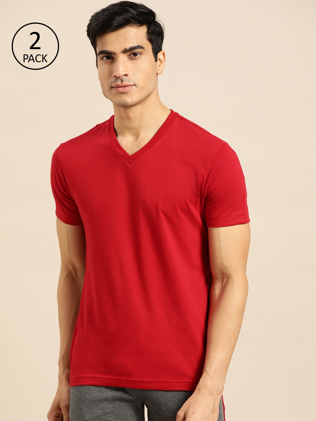 

Jockey Men Pack of 2 Red Solid V-Neck T-shirts