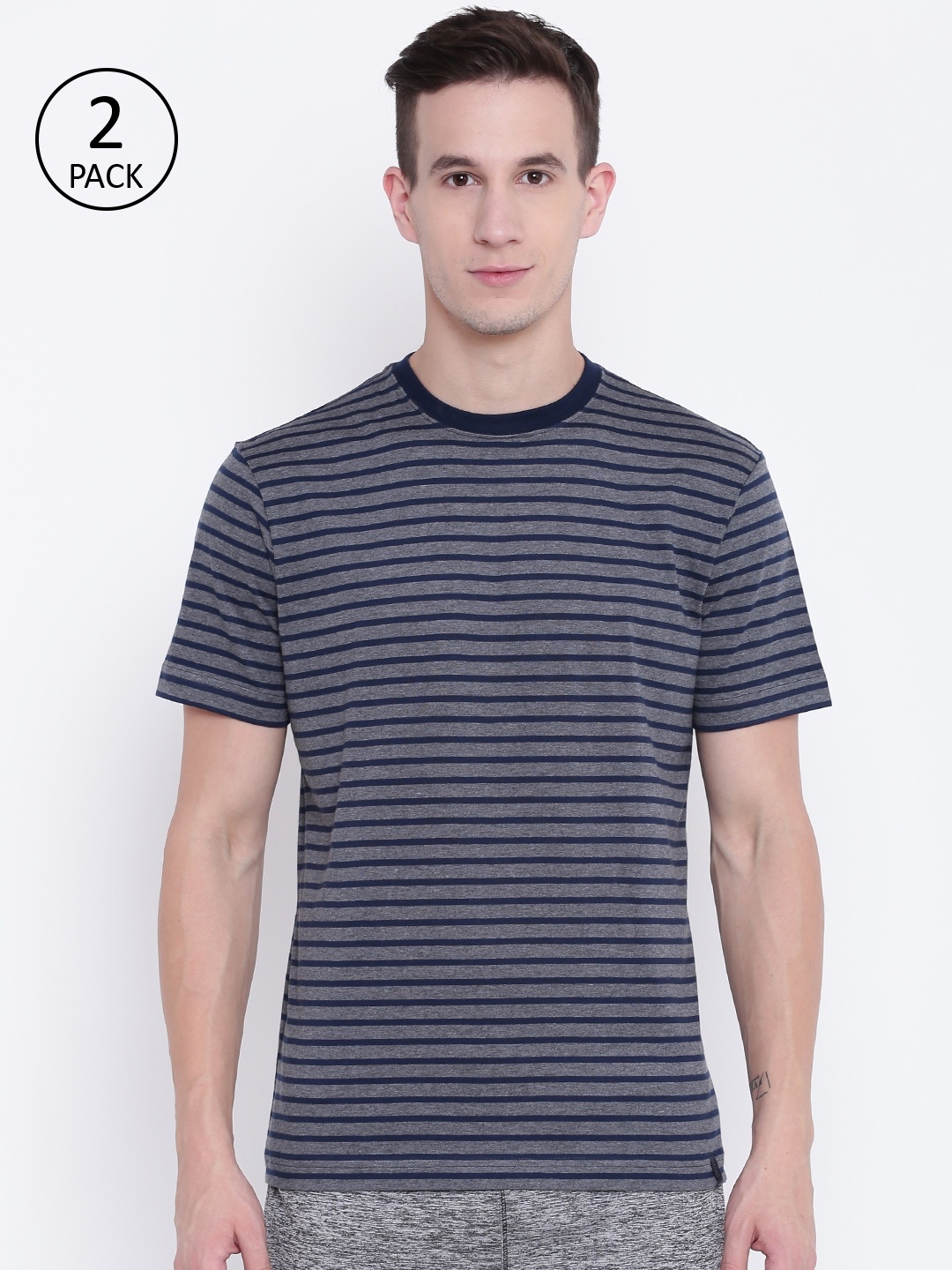 

Jockey Men Pack of 2 Charcoal Grey Navy Striped Round Neck Pure Cotton T-shirts