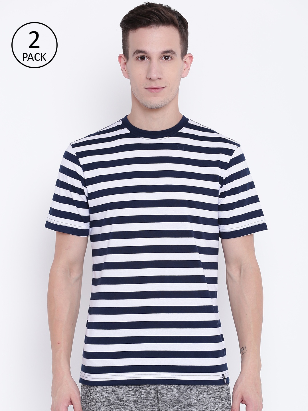 

Jockey Men Pack of 2 Navy Blue White Striped Round Neck Pure Cotton T-shirt