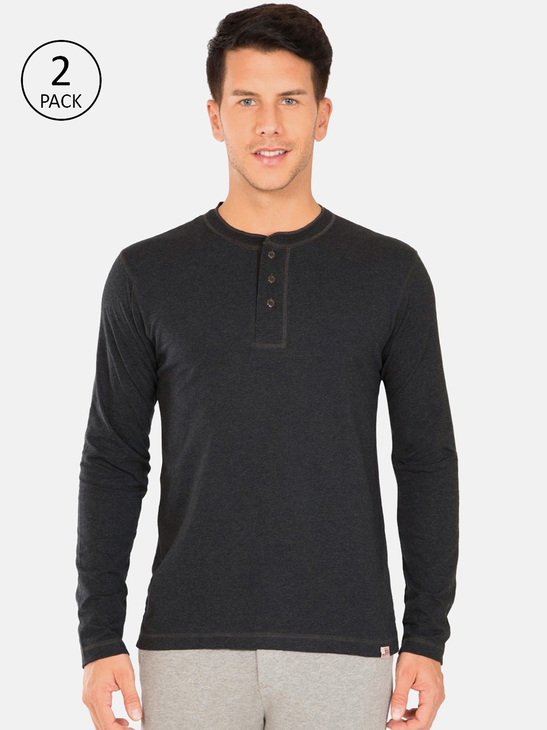 

Jockey Men Pack of 2 Black Solid Henley Neck Pure Cotton T-shirt
