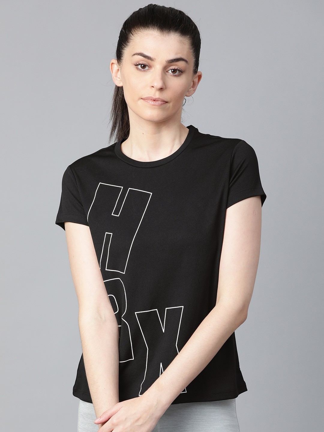 

Hrx By Hrithik Roshan Women Jet Black Printed Rapid-Dry N9 Antimicrobial Running T-shirt