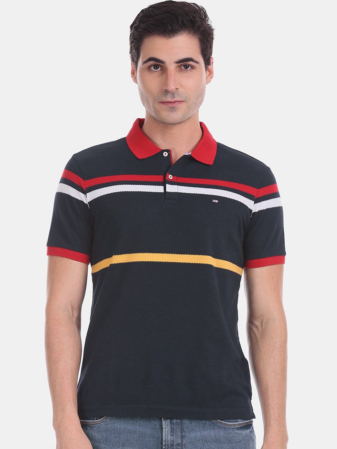 

Arrow Sport Men Navy Blue Striped Polo Collar Pure Cotton T-shirt