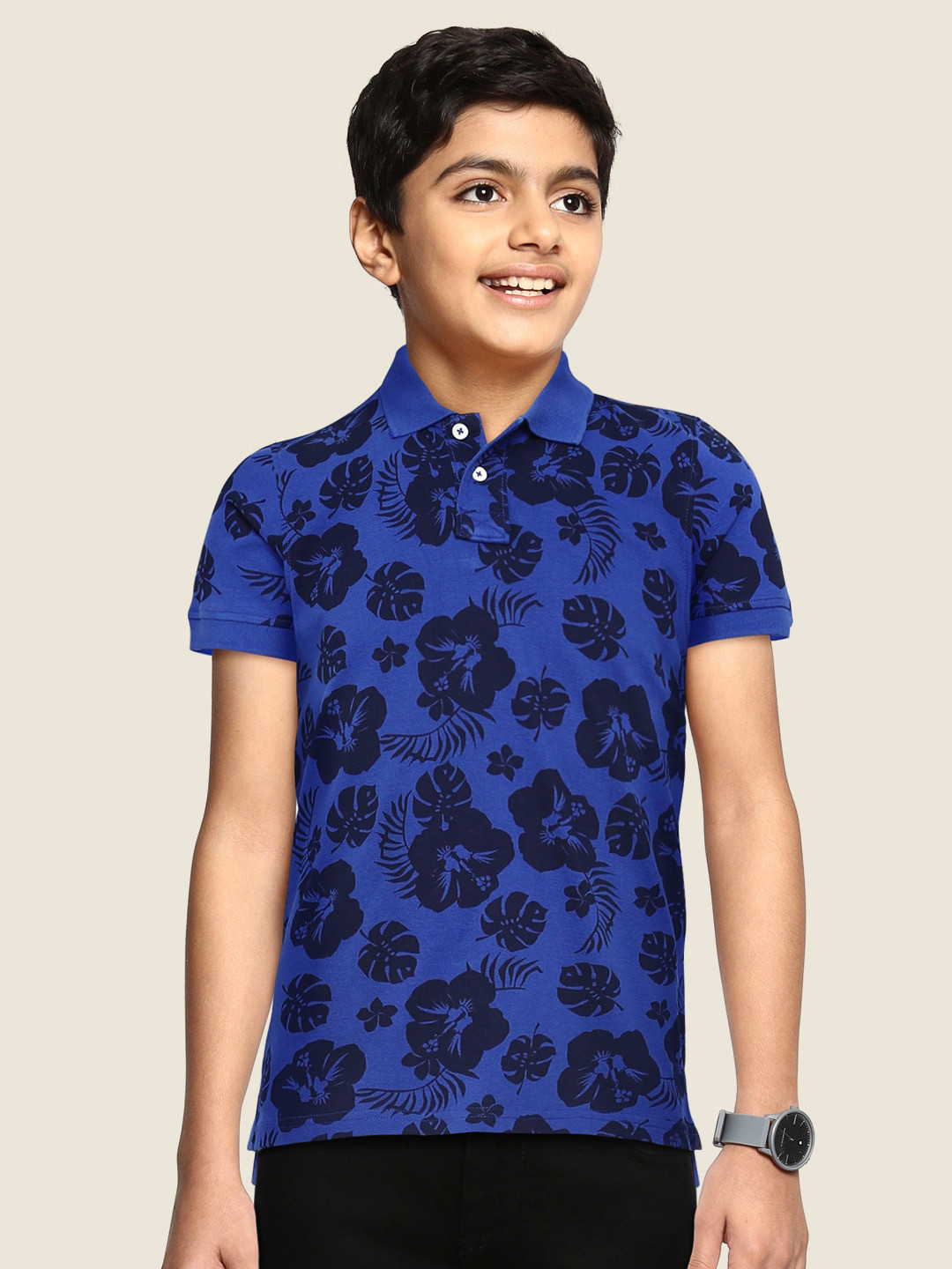 

Flying Machine Boys Blue Black Printed Polo Collar Pure Cotton T-shirt