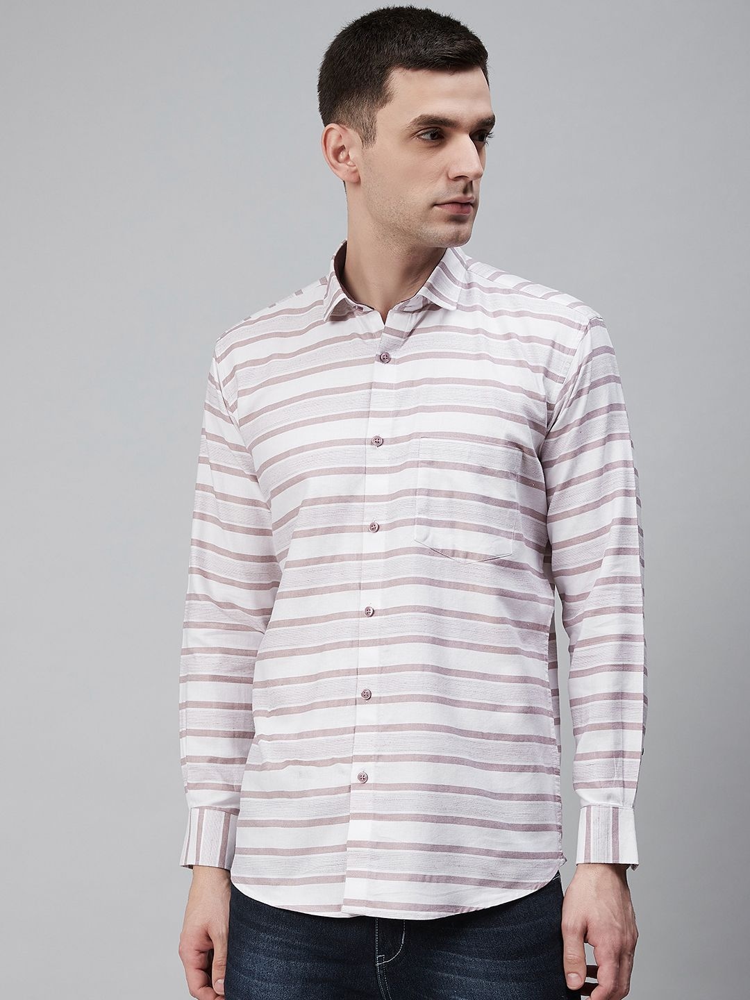 

Shaftesbury London Men White & Mauve Striped Eco-Friendly Casual Shirt
