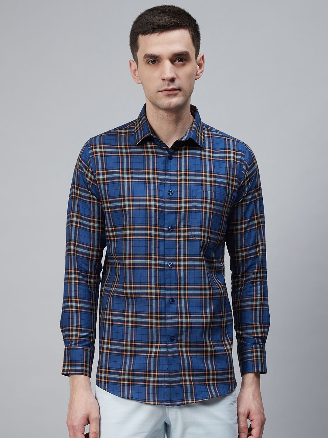 

Shaftesbury London Men Navy Blue & Yellow Checked Eco-Friendly Casual Shirt