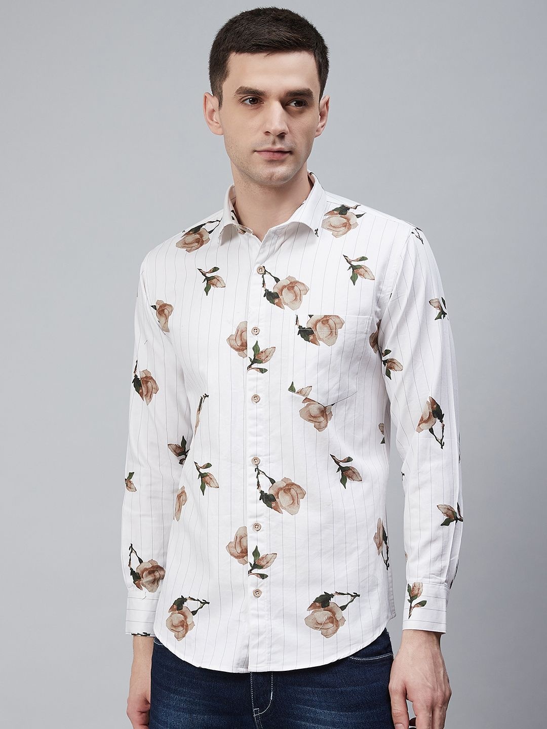 

Shaftesbury London Men White & Brown Floral Print Eco-Friendly Casual Shirt