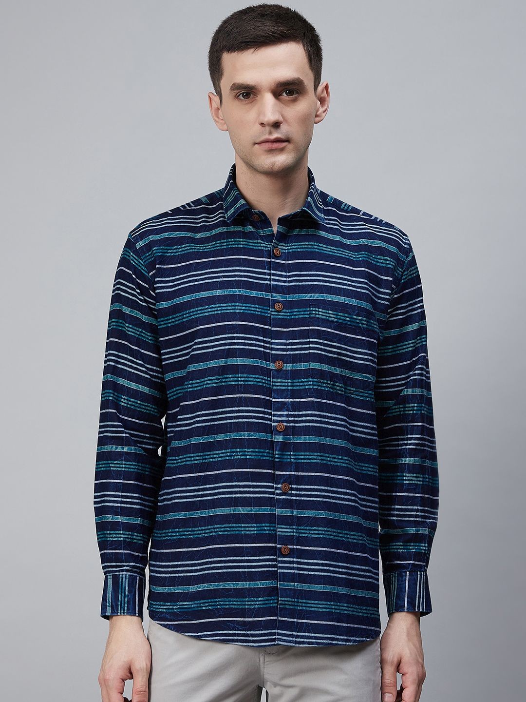 

Shaftesbury London Men Blue & Grey Eco-Friendly Striped Casual Shirt