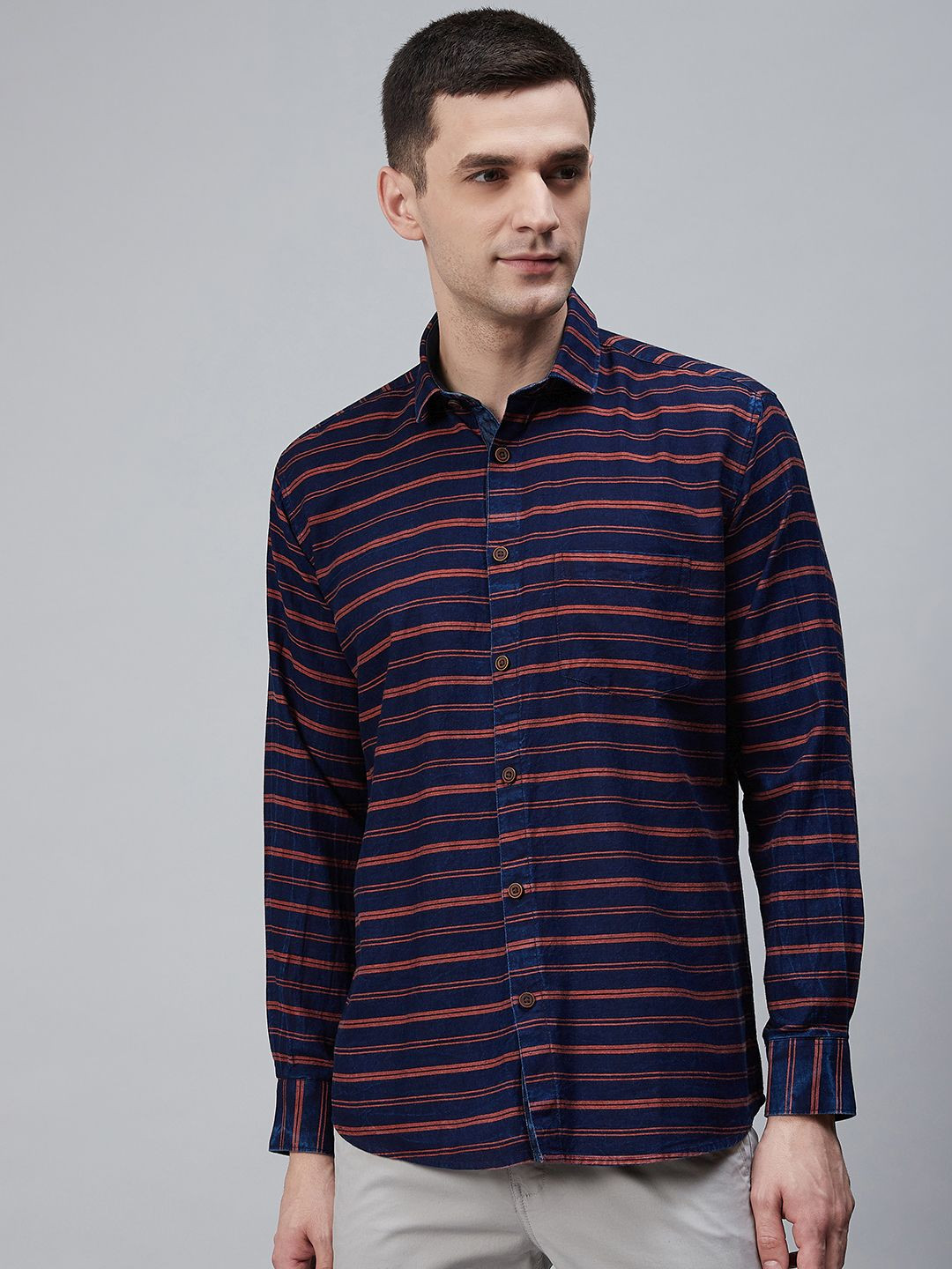 

Shaftesbury London Men Navy Blue & Rust Orange Eco-Friendly Striped Casual Shirt