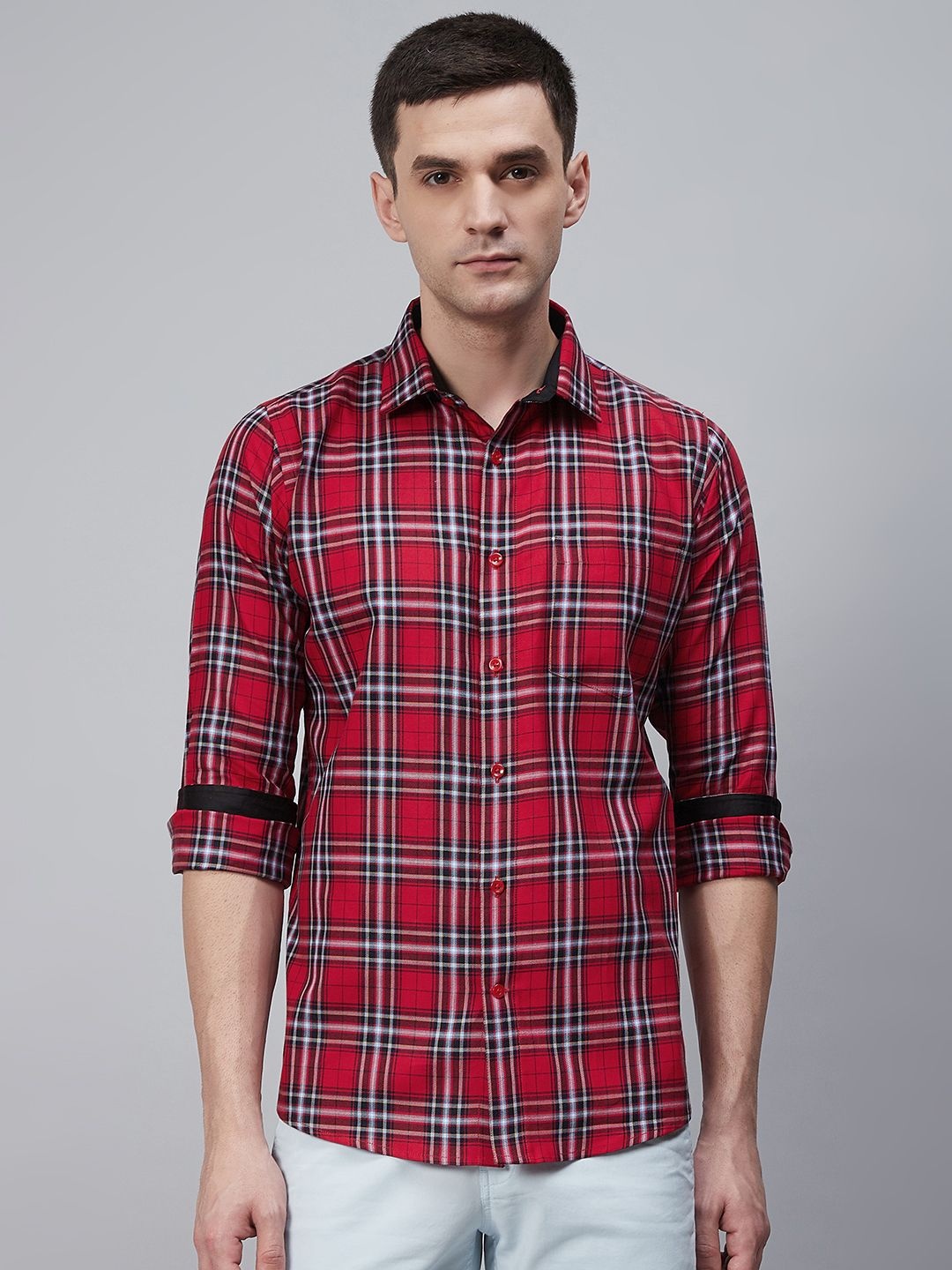 

Shaftesbury London Men Red & White Enzyme-Washed Eco-Friendly Smart Fit Checked Shirt