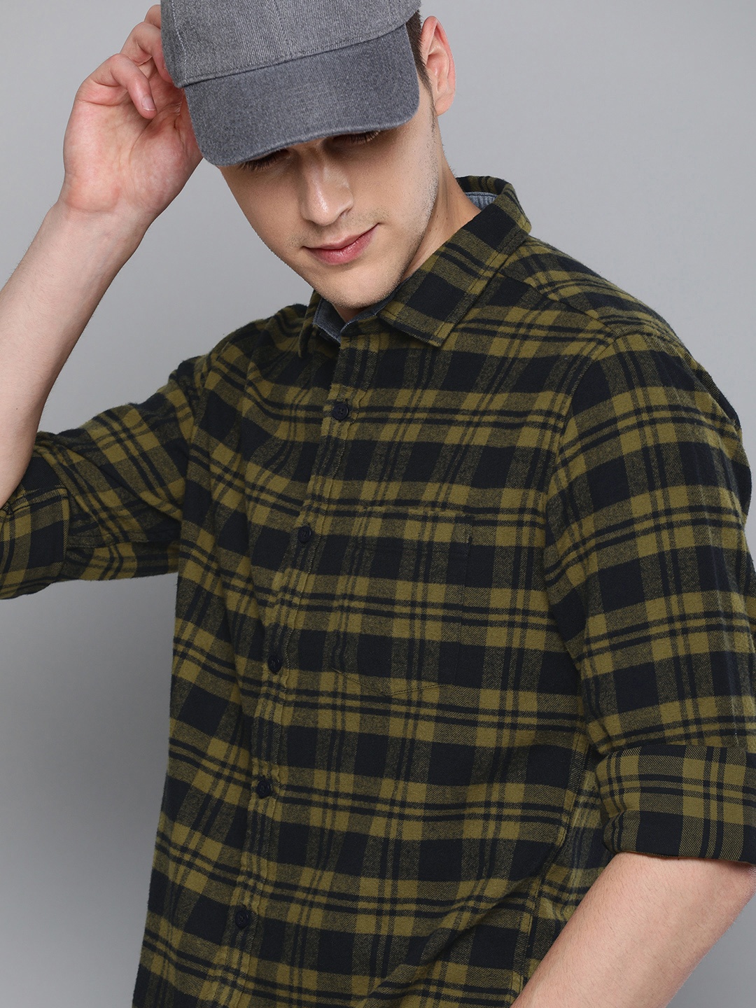 

HERE&NOW Regular Fit Spread Collar Checked Casual Shirt, Olive