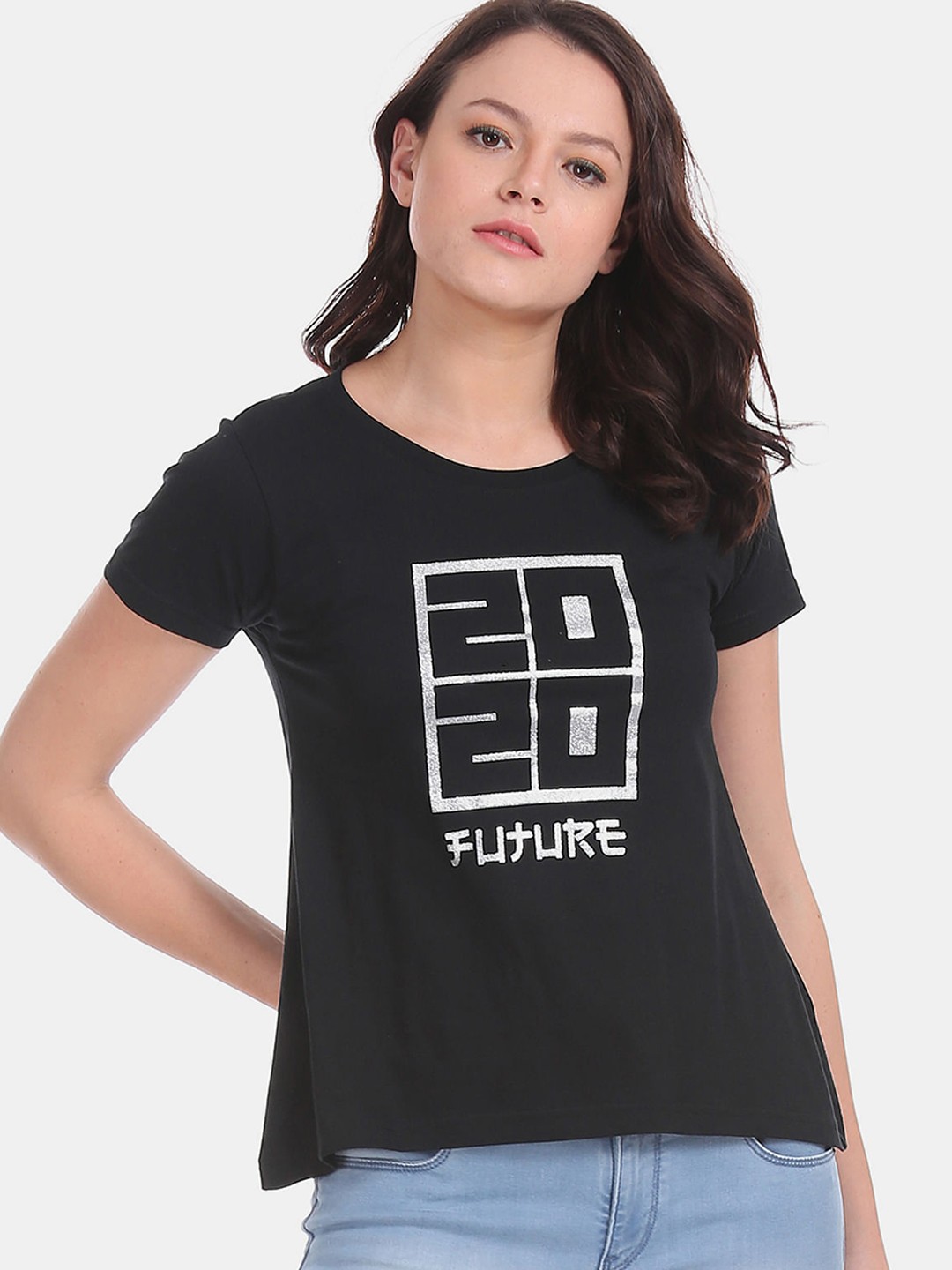 

Sugr Women Black Grey Printed Round Neck Pure Cotton T-shirt