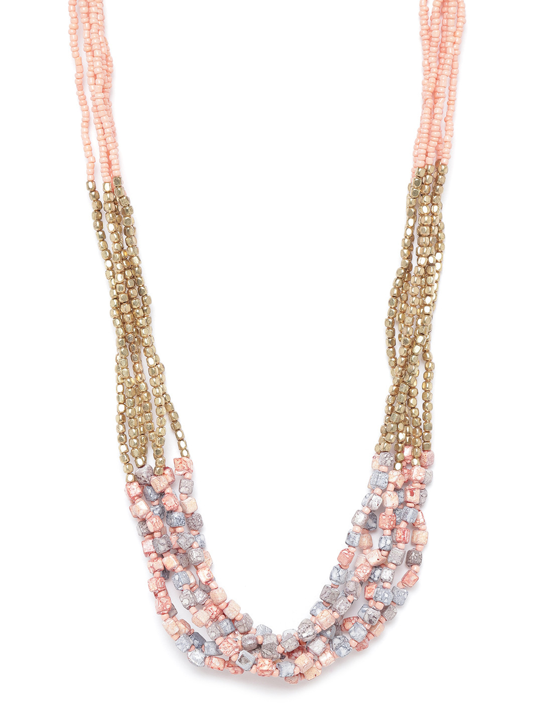 

RICHEERA Peach-Coloured & Grey Antique Gold-Plated Beaded Multistranded Necklace