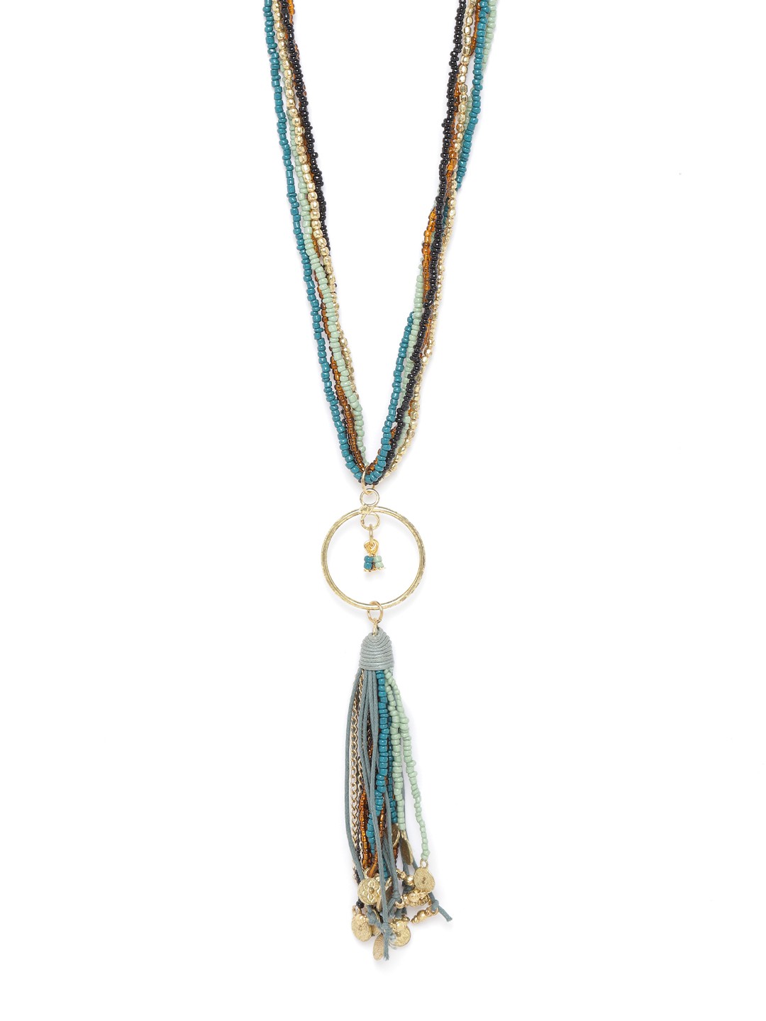 

RICHEERA Green & Brown Gold-Plated Beaded Tasselled Tribal Necklace