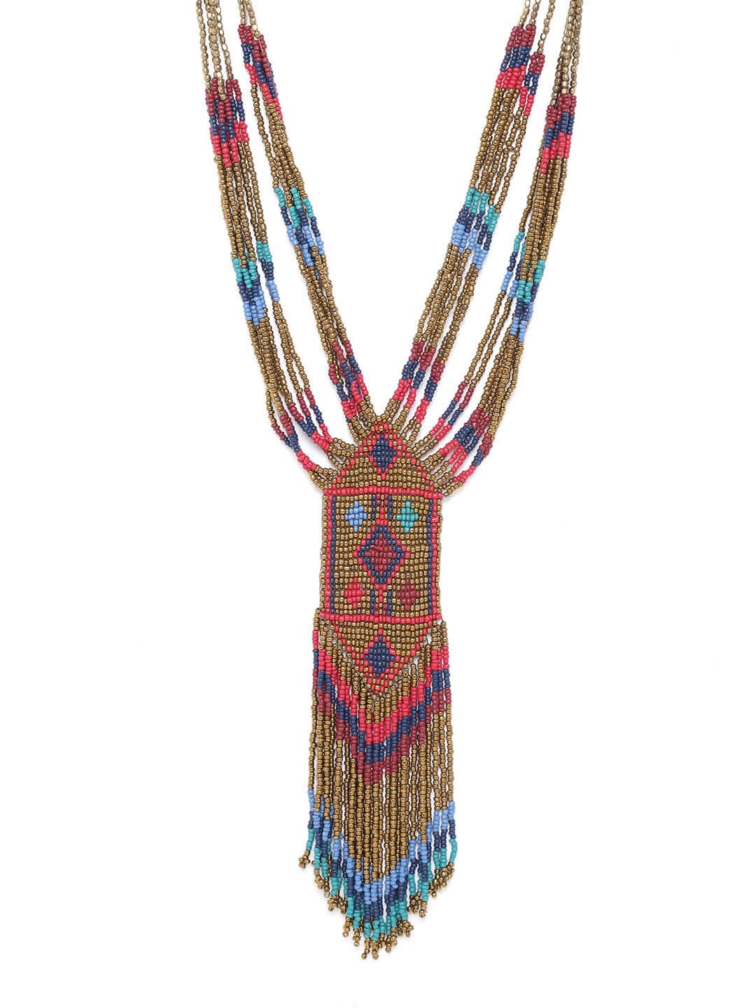 

RICHEERA Pink & Blue Antique Gold-Plated Beaded Tasselled Multistranded Necklace