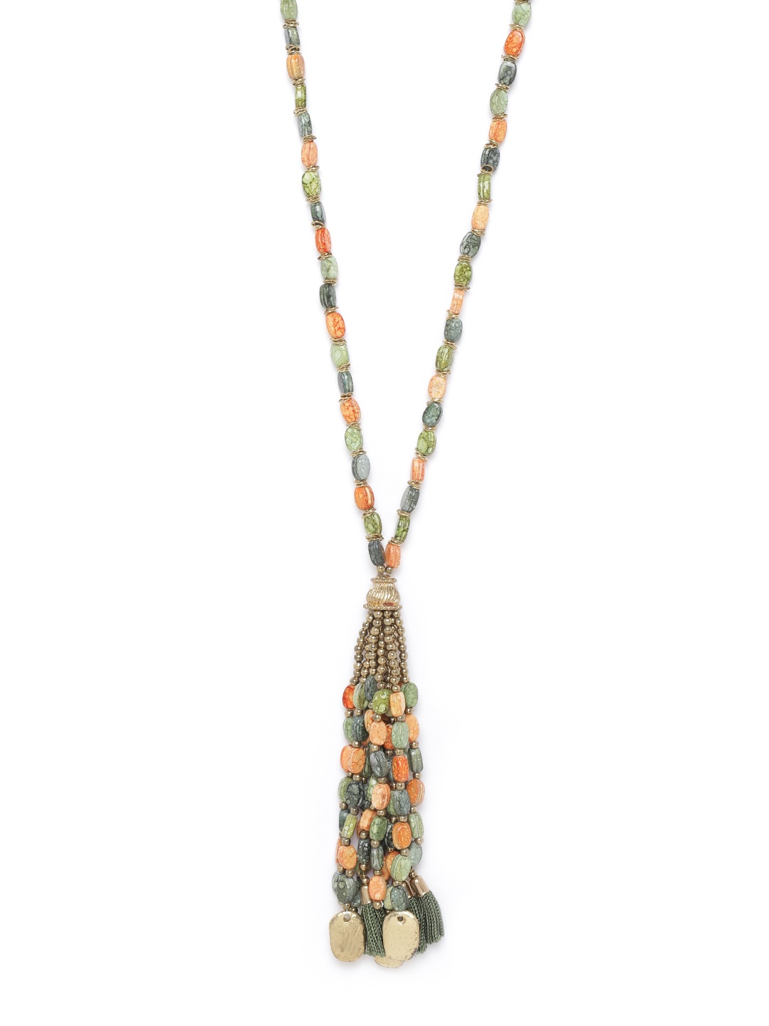 

RICHEERA Olive Green & Peach-Coloured Antique Gold-Plated Beaded Tasselled Necklace