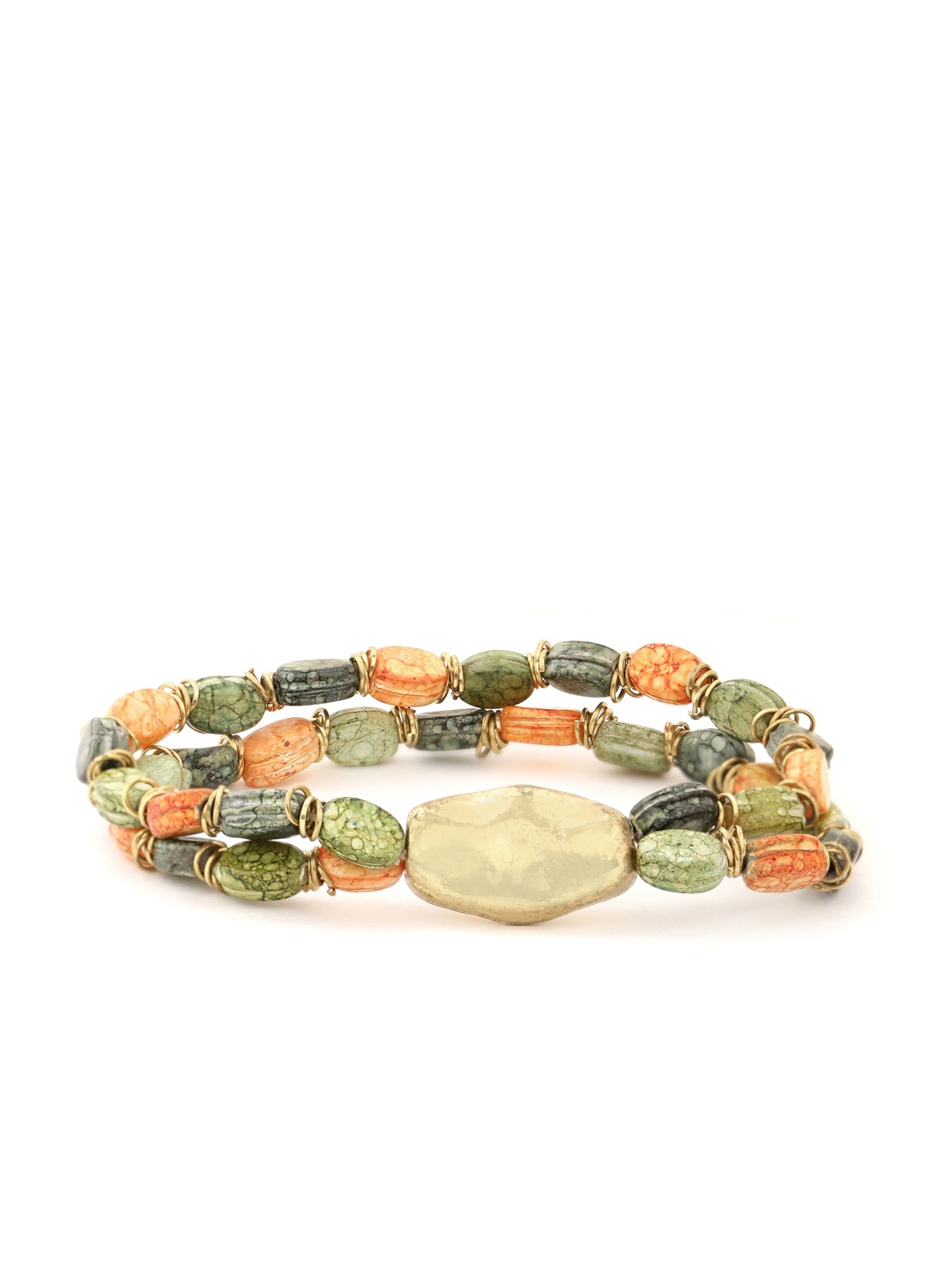 

RICHEERA Olive Green & Orange Gold-Plated Beaded Dual-Stranded Elasticated Bracelet