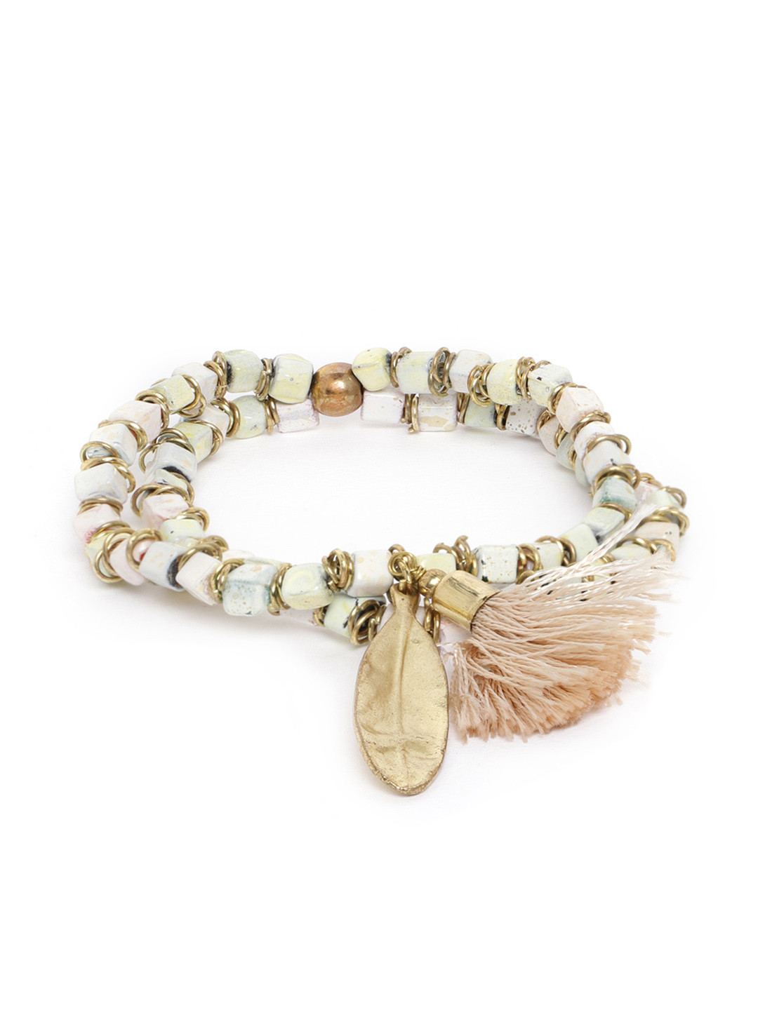 

RICHEERA Off-White & Beige Gold-Plated Beaded Dual-Stranded Tasselled Elasticated Bracelet