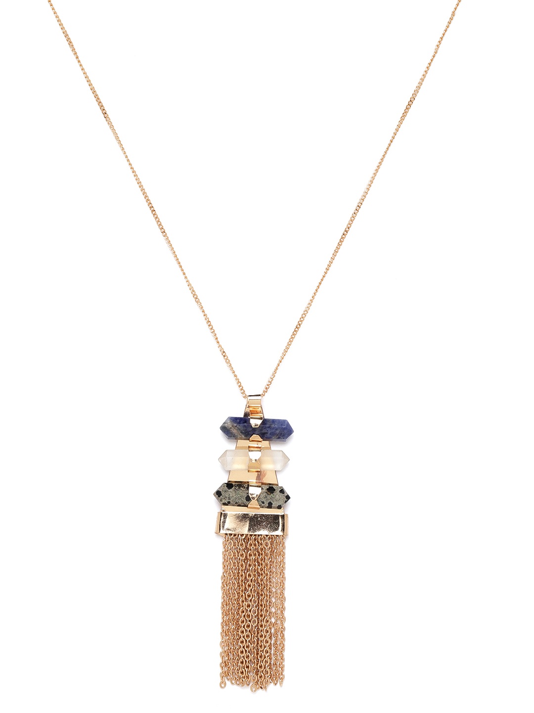 

RICHEERA Blue & Grey Rose Gold-Plated Stone-Studded Tasselled Pendant with Chain