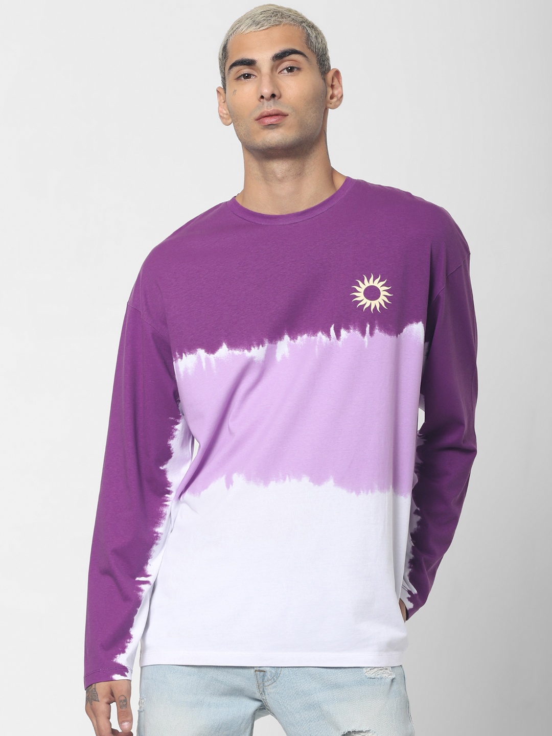 

Jack Jones Men Purple White Tie Dye Colourblocked Round Neck Pure Cotton T-shirt