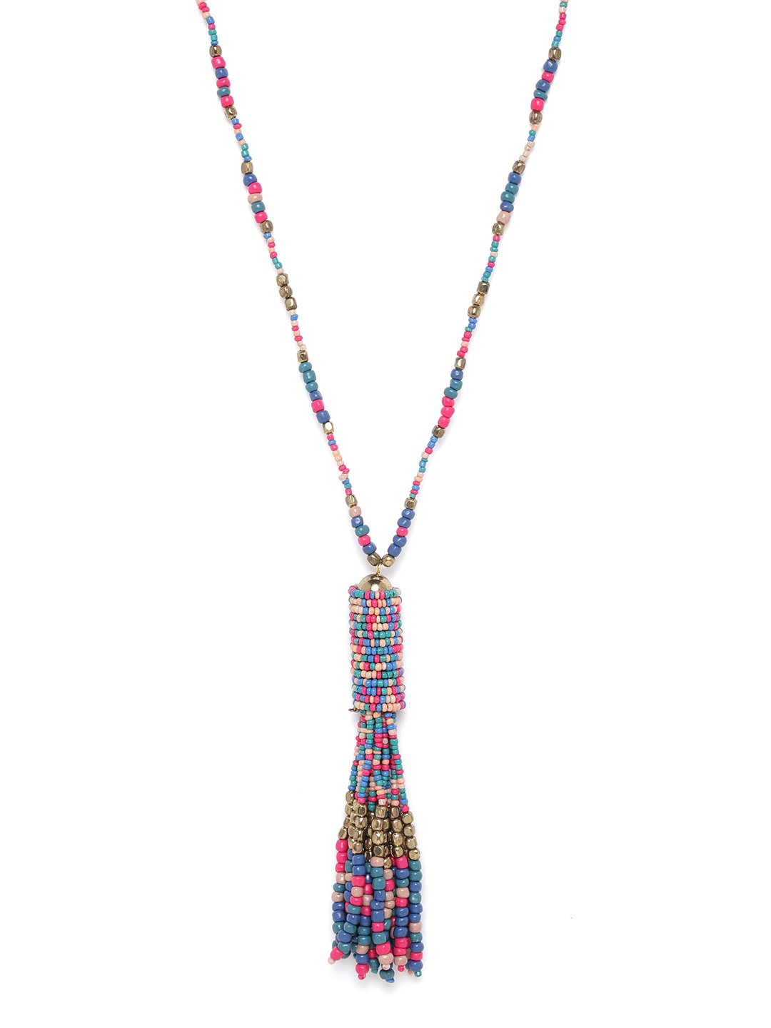 

RICHEERA Women Blue & Pink Gold-Plated Beaded Tasselled Necklace