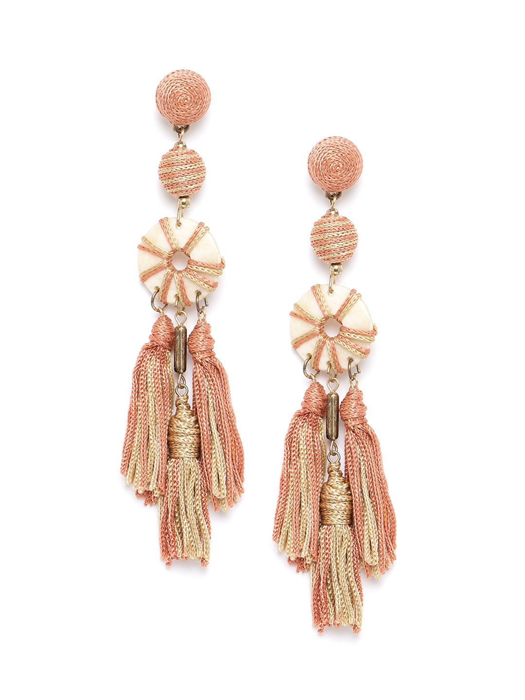 

RICHEERA Peach-Coloured & Beige Gold-Plated Tasselled Geometric Drop Earrings