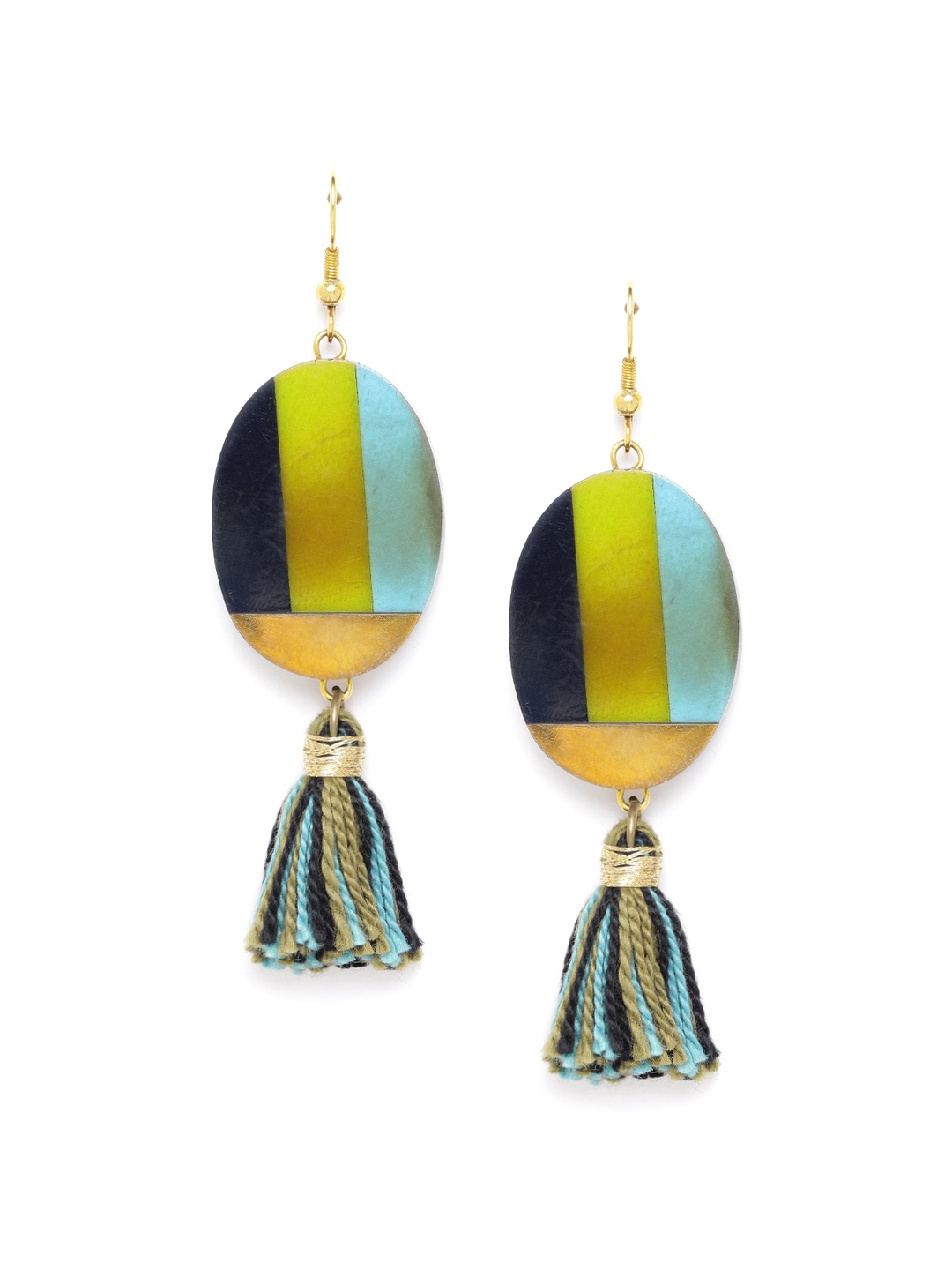 

RICHEERA Lime Green & Blue Resin Print Tasselled Oval Drop Earrings