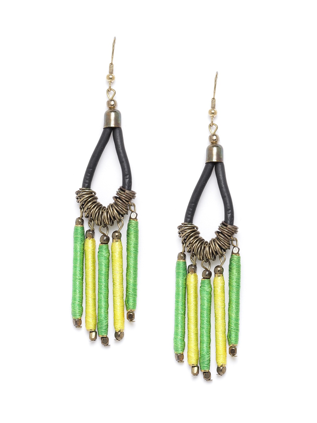 

RICHEERA Black & Green Antique Gold-Plated Teardrop Shaped Drop Earrings