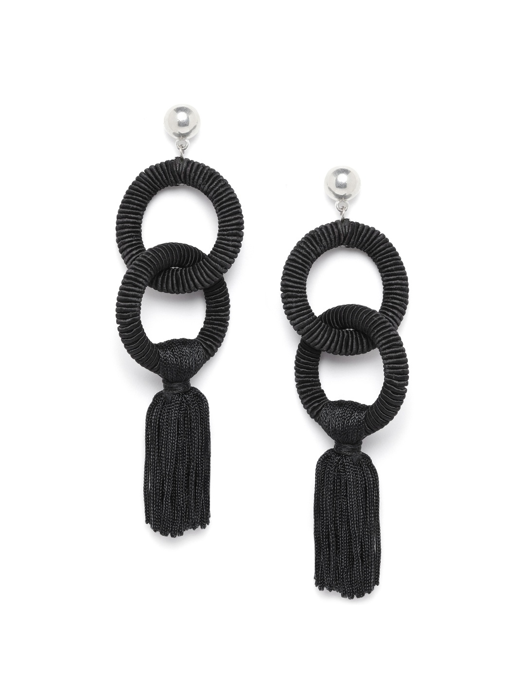 

RICHEERA Black Silver-Plated Tasselled Circular Drop Earrings
