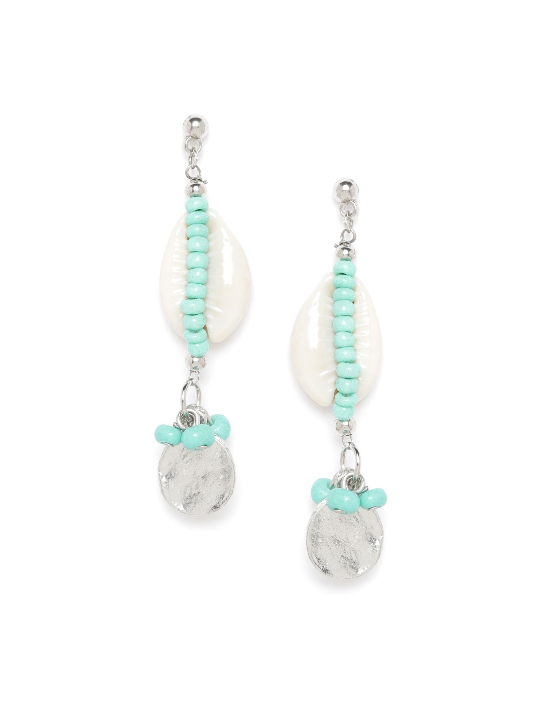 

RICHEERA Sea Green & Off-White Silver-Plated Beaded Cowry Drop Earrings