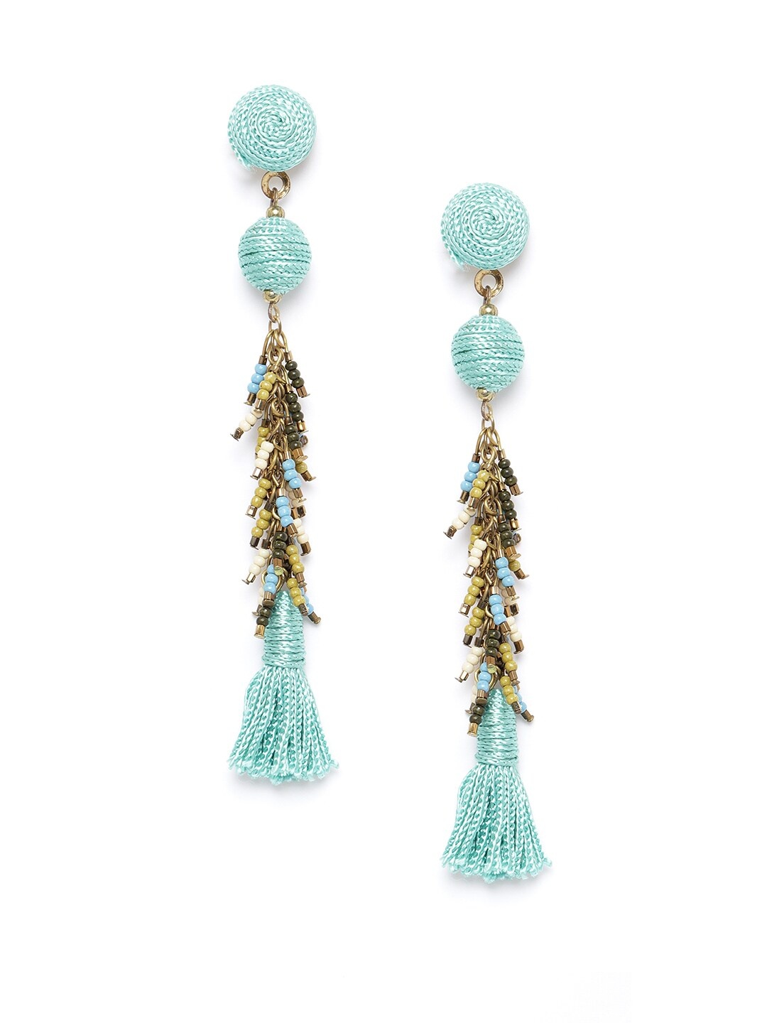 

RICHEERA Sea Green Antique Gold-Plated Beaded Tasselled Drop Earrings