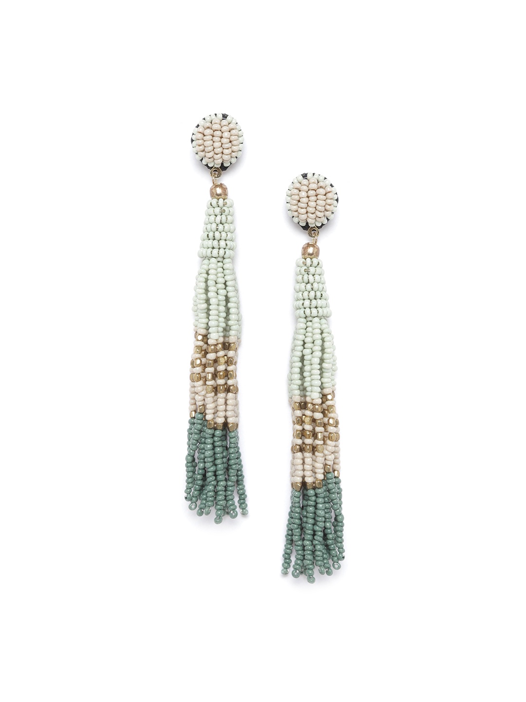 

RICHEERA Green & Beige Gold-Plated Beaded Tasselled Drop Earrings