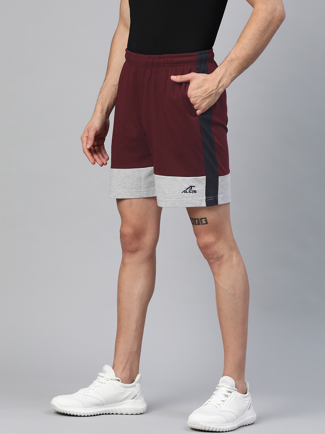 

Alcis Men Burgundy & Grey Melange Colourblocked Regular Fit Sports Shorts