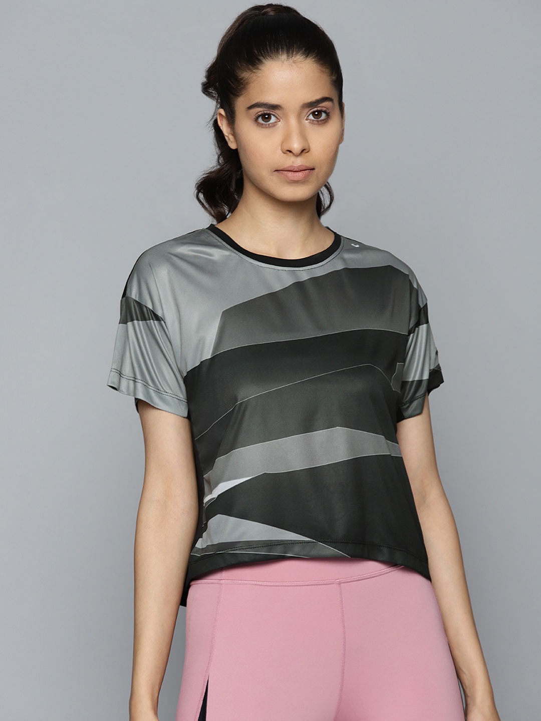 

Alcis Women Black & Grey Printed Drop-Shoulder Sleeves Slim Fit T-shirt