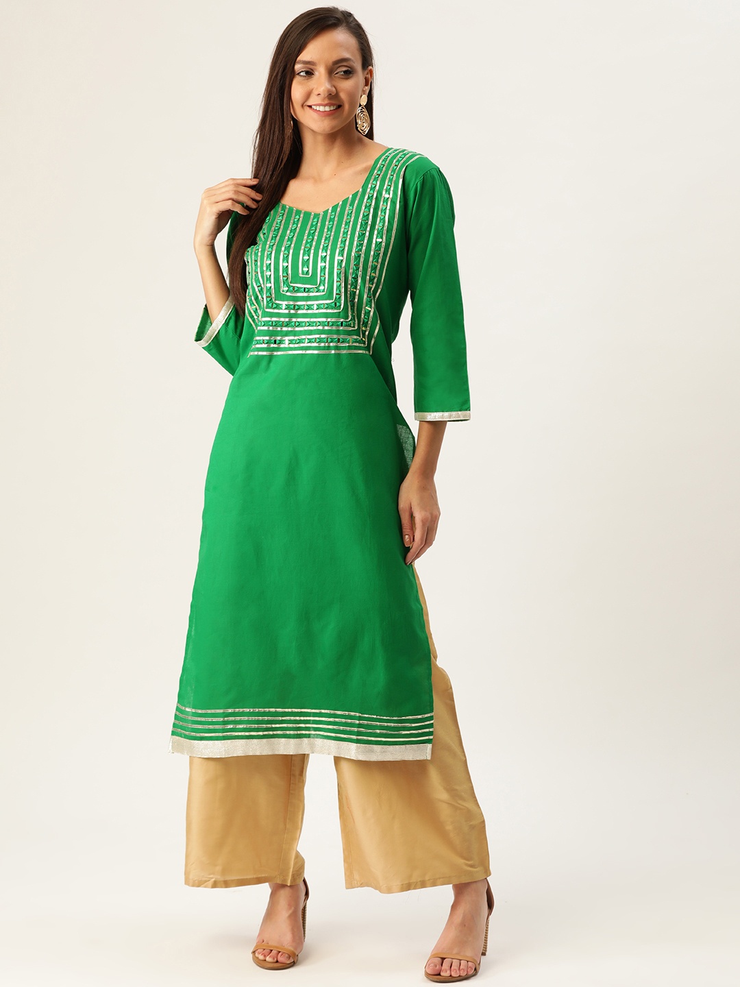 

Varkha Fashion Women Green & Golden Yoke Design Straight Kurta