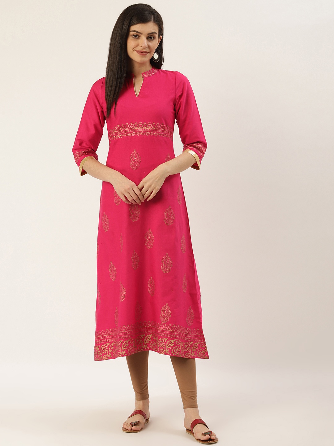 

Varkha Fashion Women Pink & Golden Printed A-Line Kurta