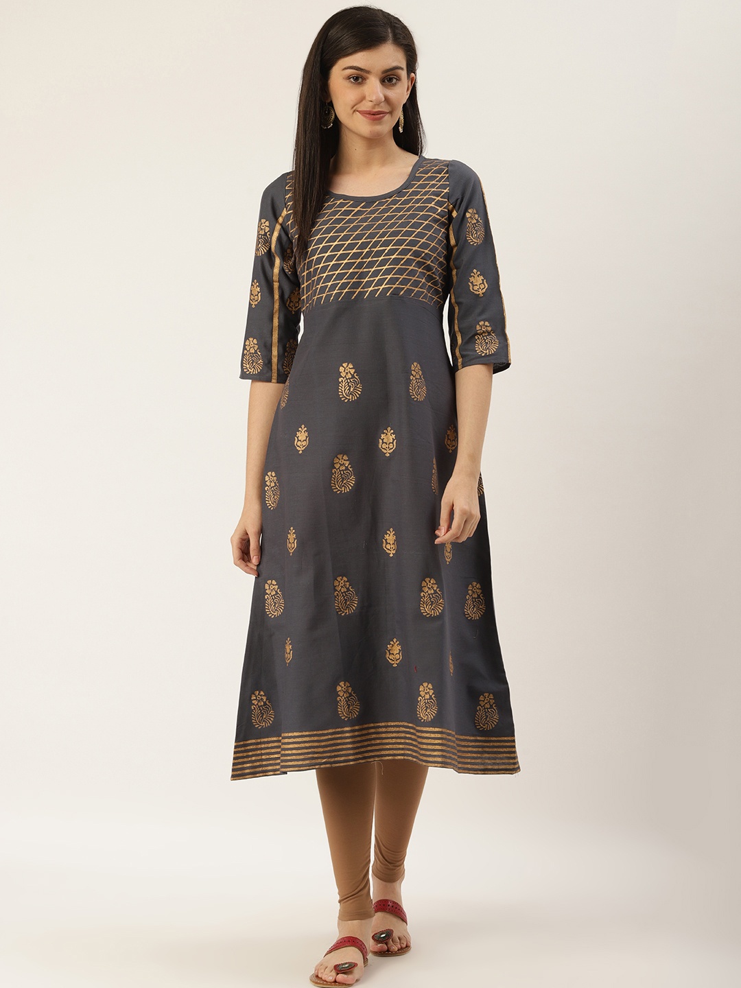 

Varkha Fashion Women Charcoal Grey & Golden Printed A-Line Kurta