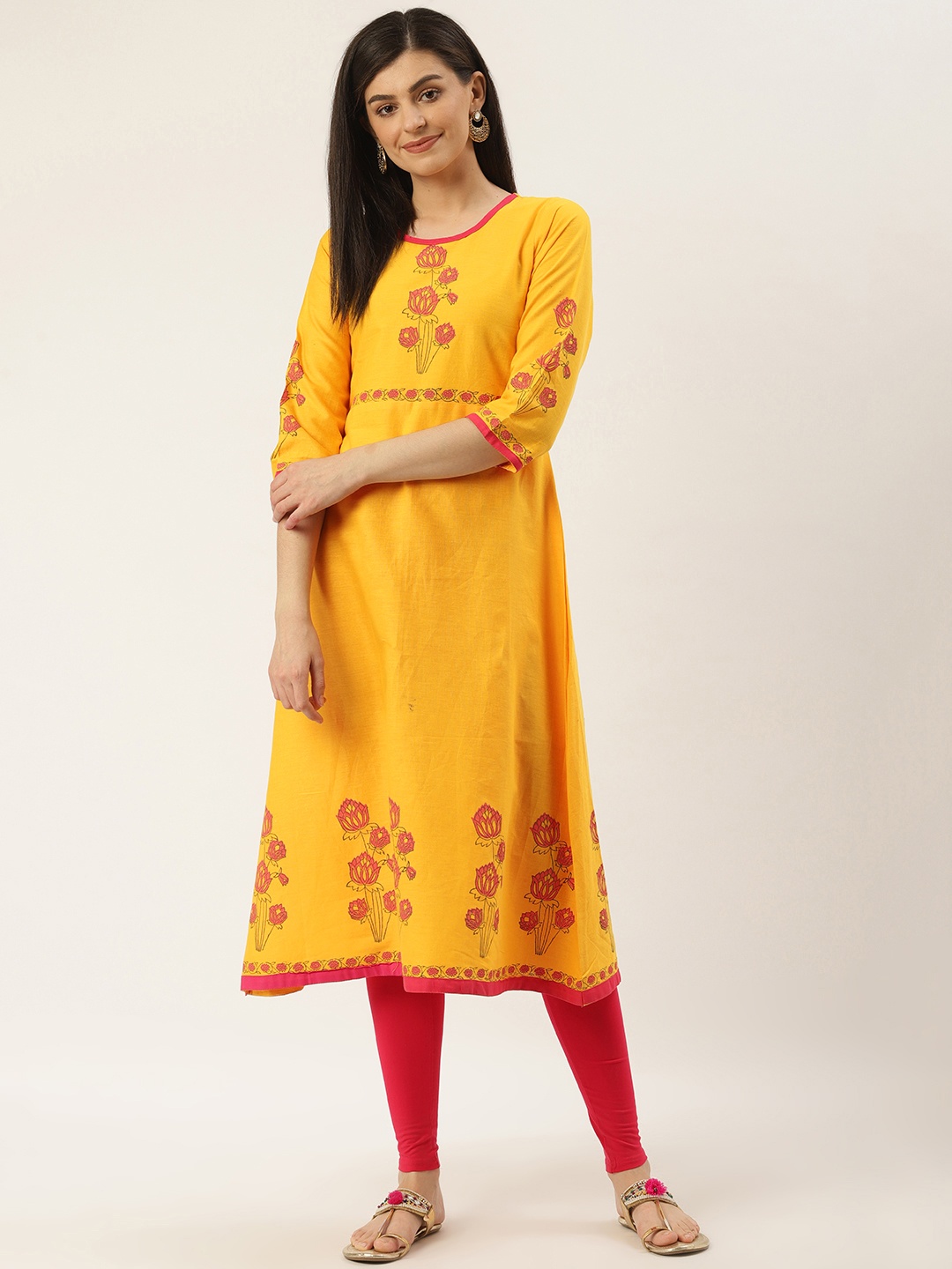 

Varkha Fashion Women Mustard Yellow & Pink Yoke Design A-Line Kurta