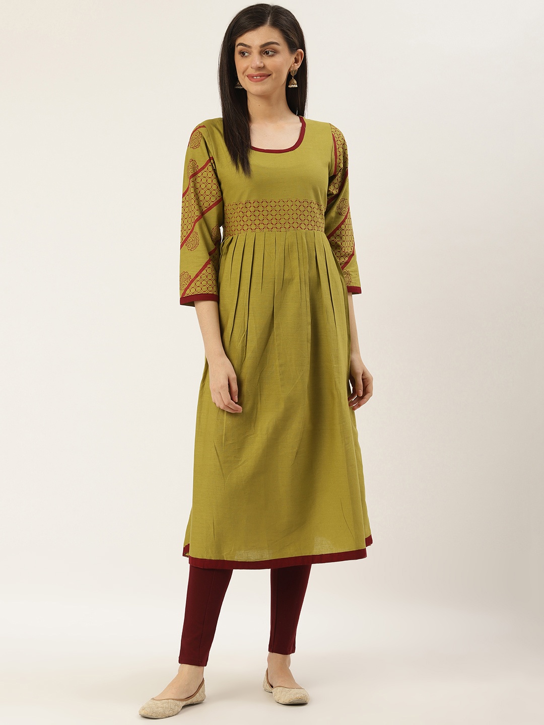 

Varkha Fashion Women Lime Green & Red Solid Pleated A-Line Kurta