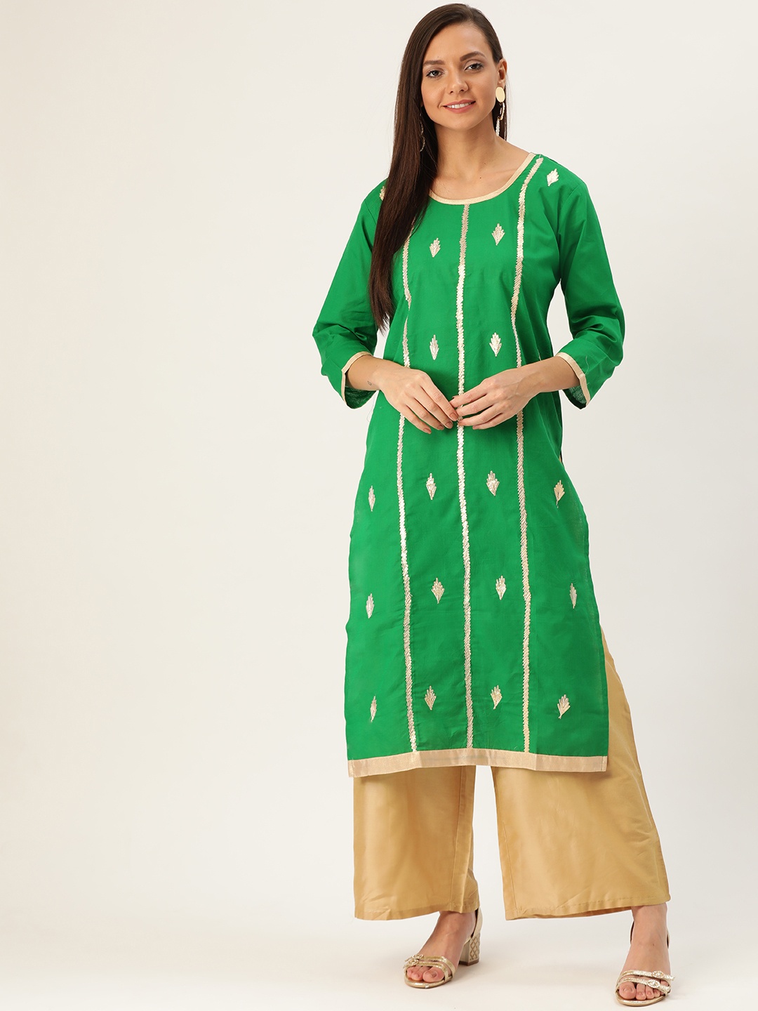 

Varkha Fashion Women Green & Golden Embroidered Straight Kurta