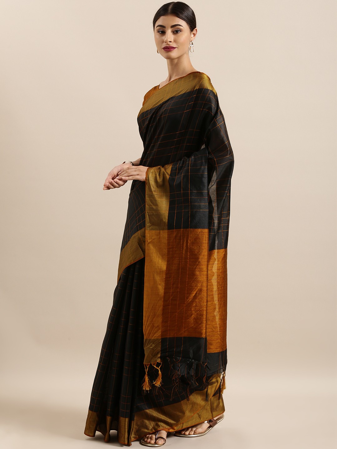 

KALINI Black & Orange Art Silk Checked Tussar Saree
