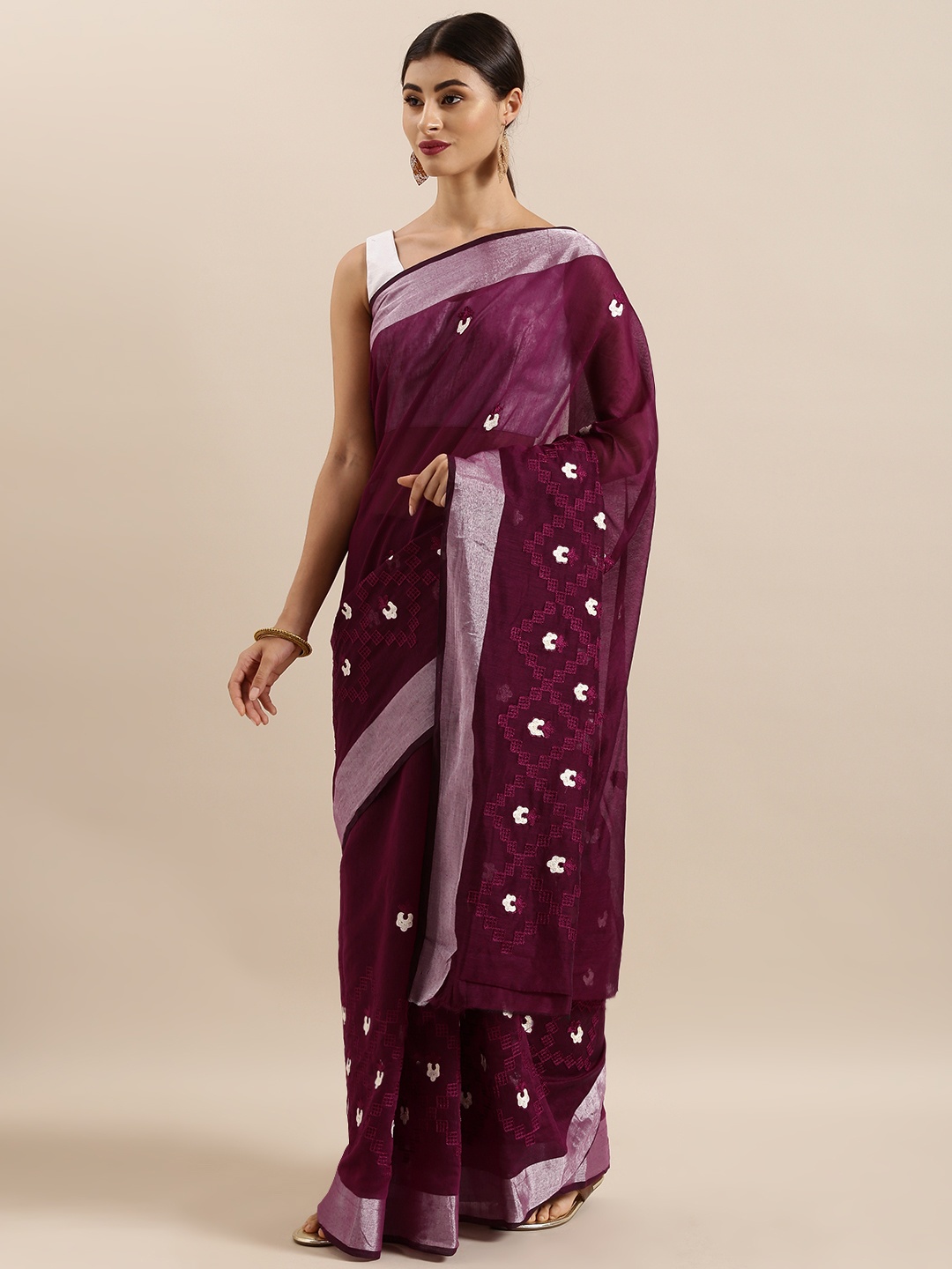 

KALINI Burgundy & White Linen Blend Embroidered Kota Saree